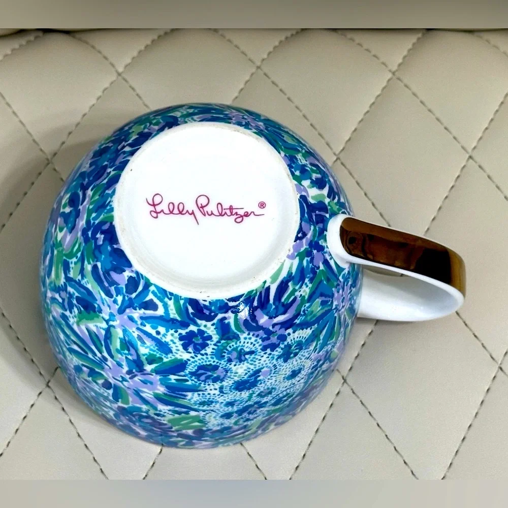 LILLY PULITZER high maintenance ceramic mug blue floral gold handle 12 oz